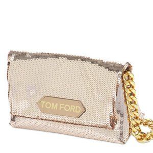 TOM FORD MINI LABEL SEQUINED LEATHER CHAIN BAG ROSE GOLD